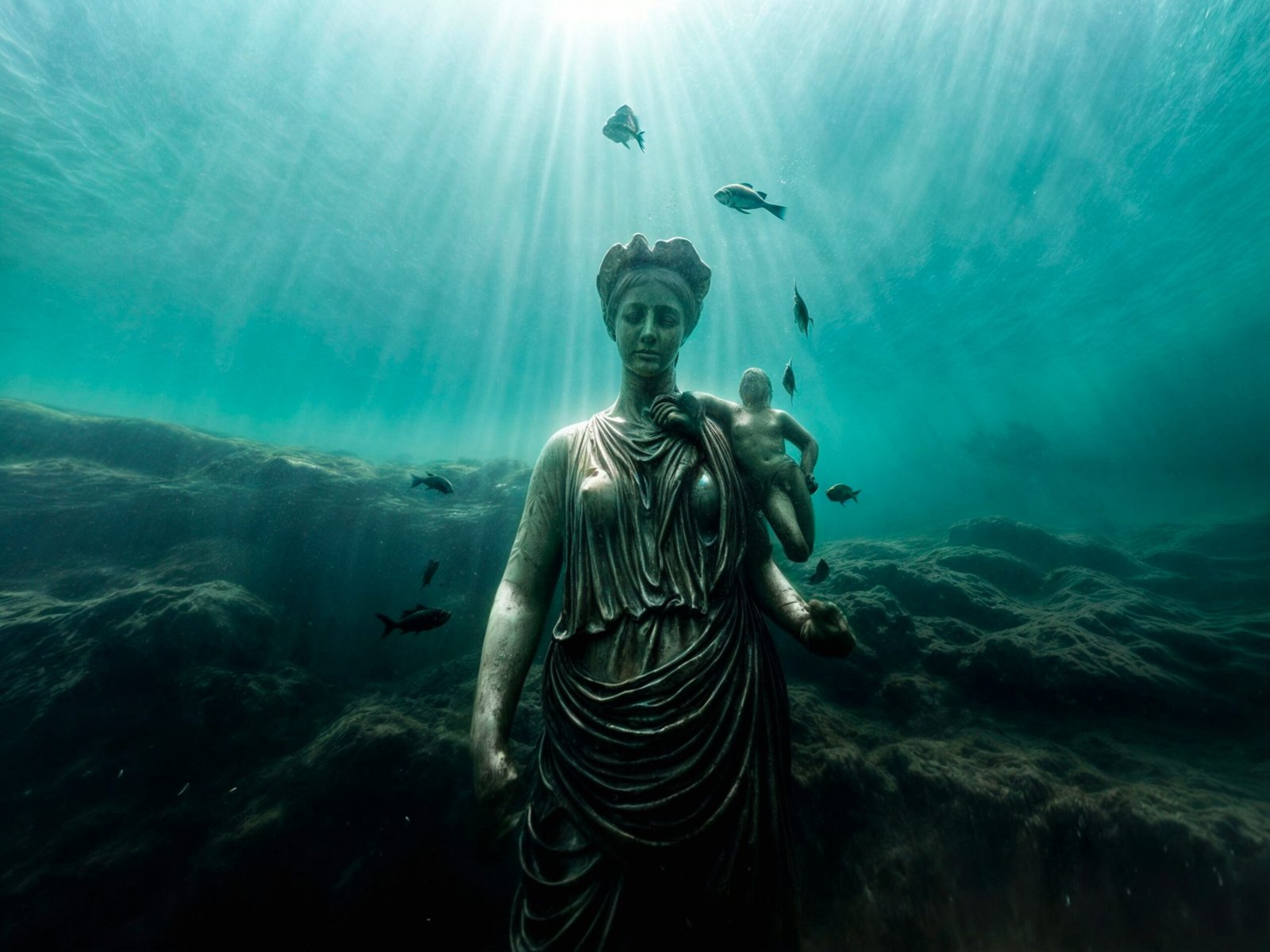 a statue of a woman holding a baby under water