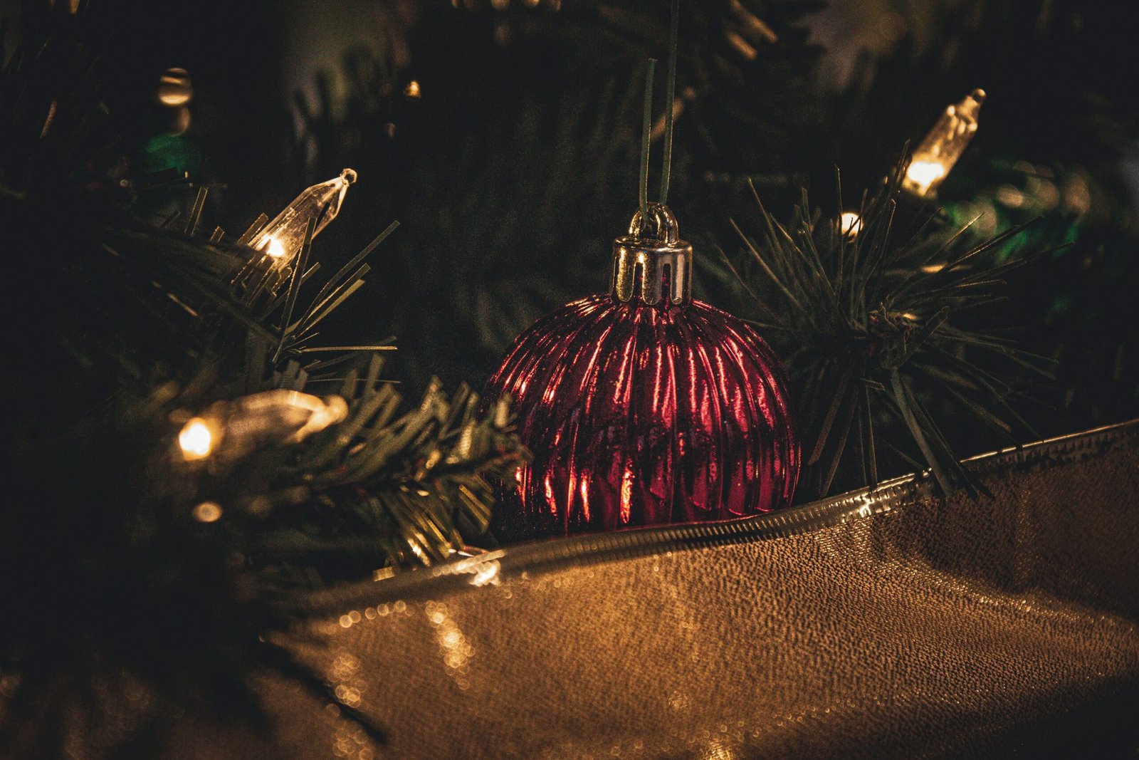 a red ornament hanging from a christmas tree